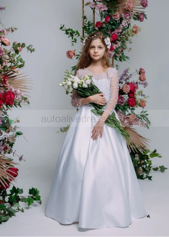 White Pearls Satin V Back Flower Girl Dress White Pearls Satin V Back Flower Girl Dress